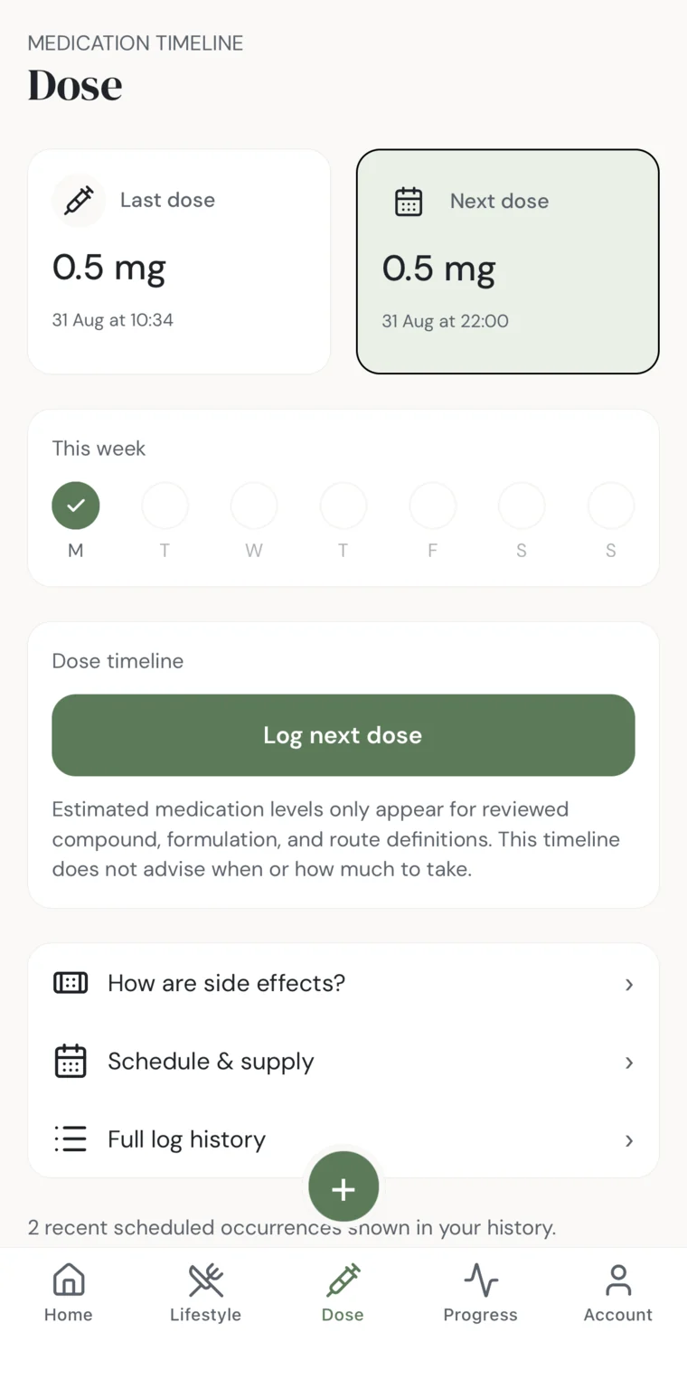 The Eden GLP dose screen, showing the last dose, the next scheduled dose, and the current week.