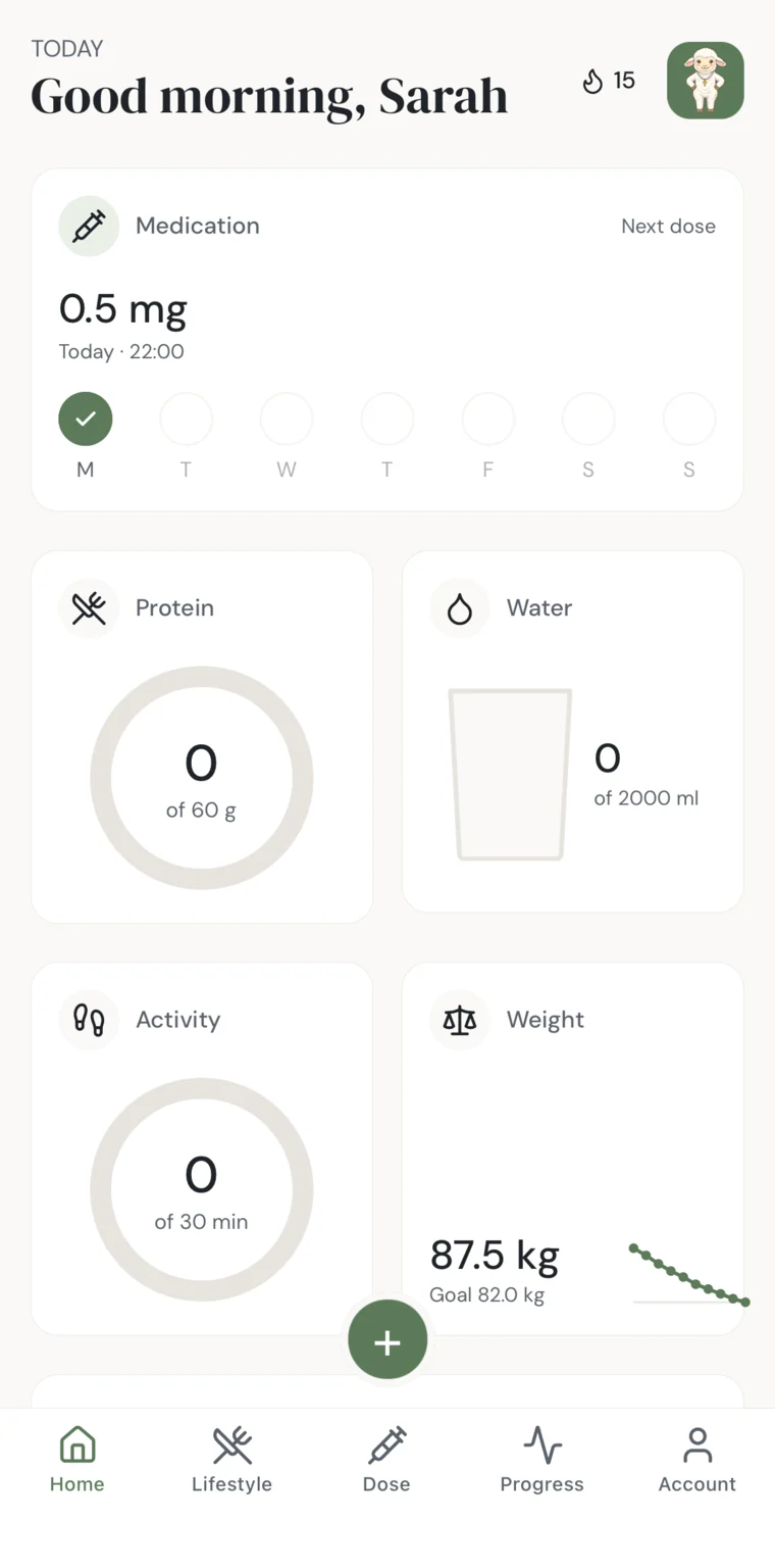The Eden GLP home screen, showing the next dose, protein and water targets, activity, and current weight against a goal.
